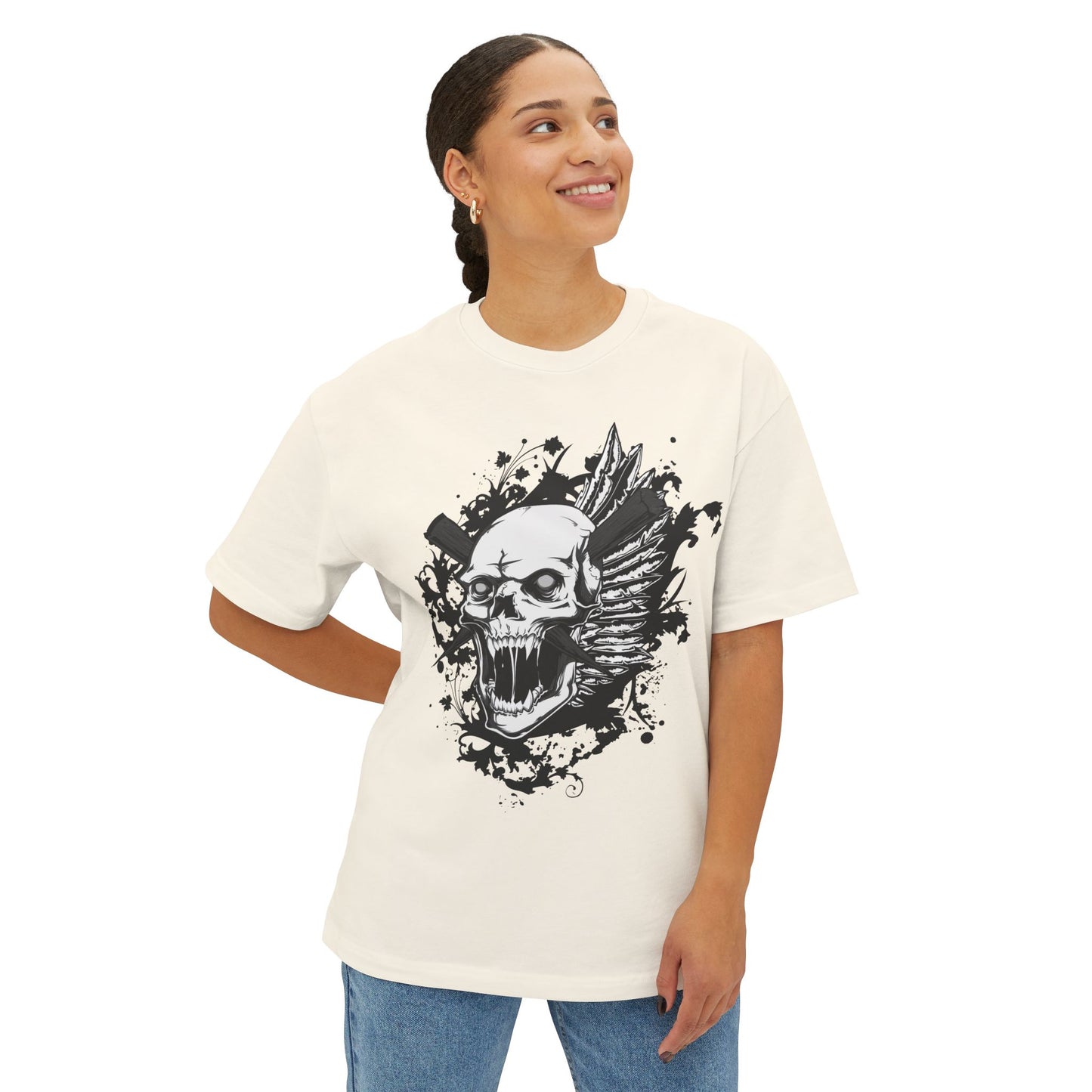 Skull Wing Graphic Tee — Gothic Skull with Wings Oversized Boxy T-Shirt