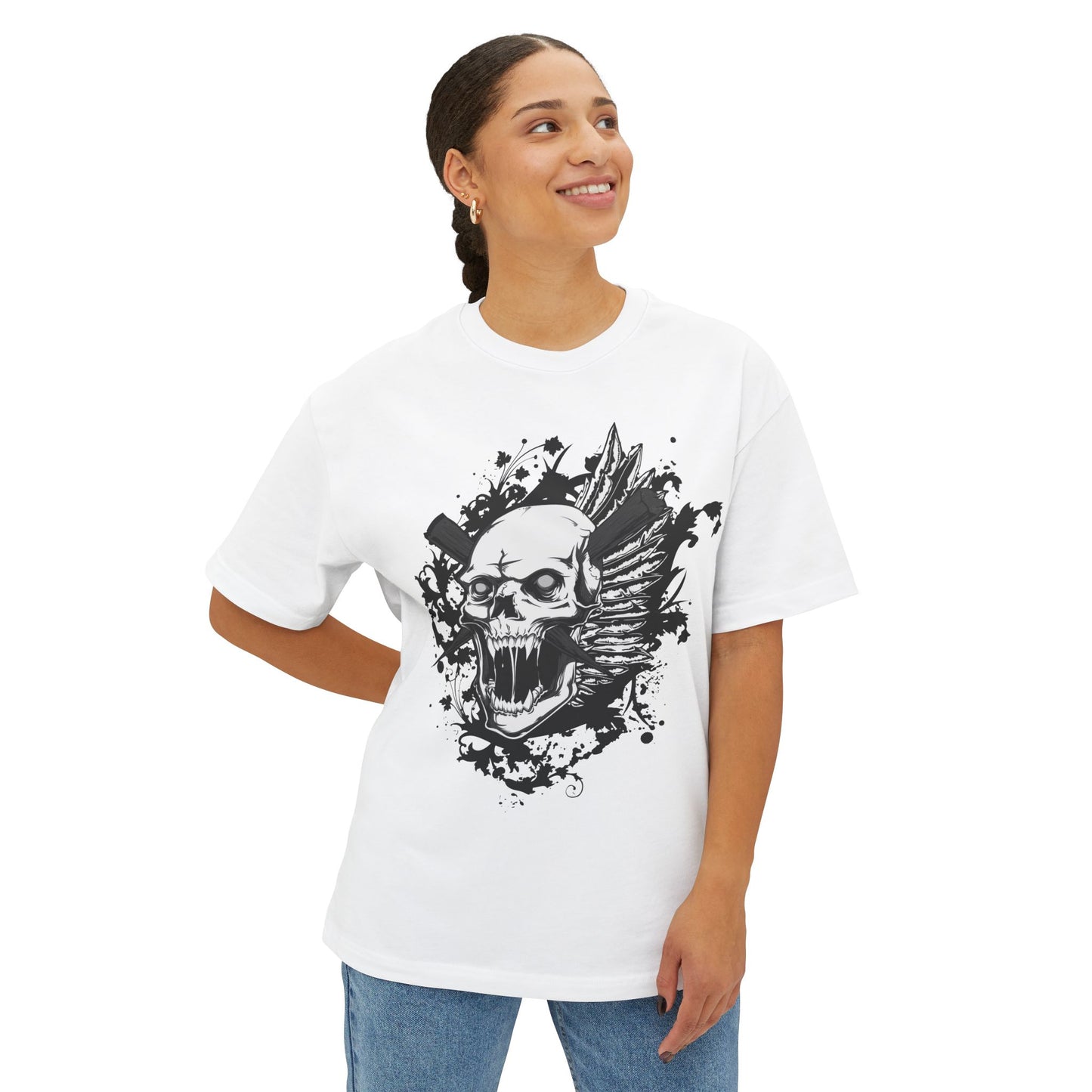 Skull Wing Graphic Tee — Gothic Skull with Wings Oversized Boxy T-Shirt